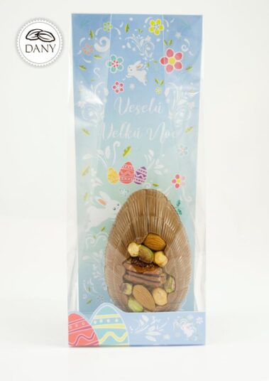 Čokoládové vajíčko z mliečnej čokolády s pistáciami, mandľami, lieskovými a pekanovými orechmi - veľké