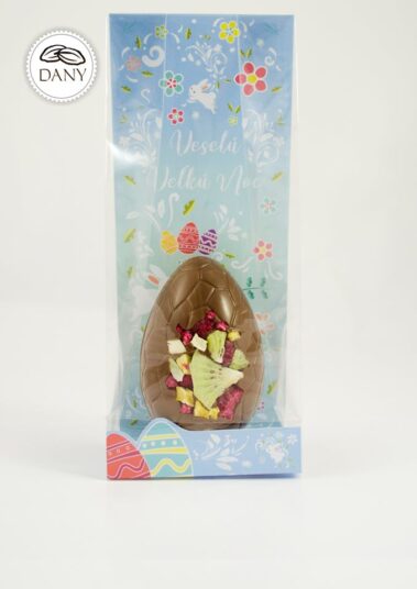 Čokoládové vajíčko z mliečnej čokolády s malinami, mangom a kiwi - veľké