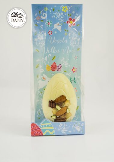 Čokoládové vajíčko z bielej čokolády s mandľami, pistáciami, lieskovými a pekanovými orechmi - veľké